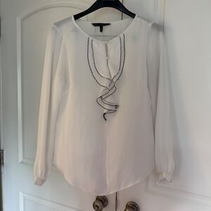 White House Black Market Ruffle Front Blouse White Black Trim Pearl Button Sz 8